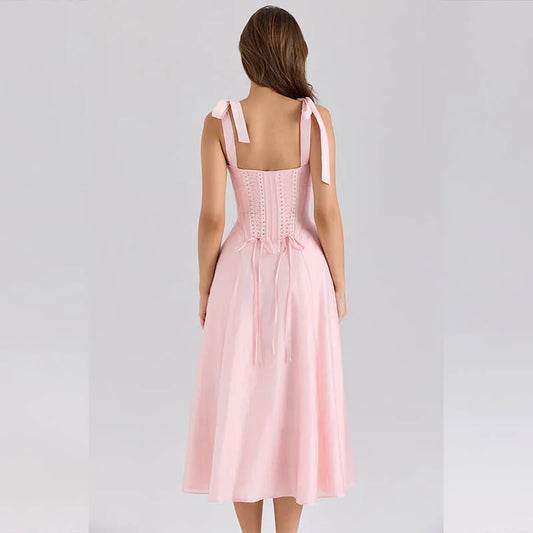 Suninheart Pink Elegant Party Dresses 2025 Summer Midi Corset Dress Fit and Flare Holiday Dress Good Quality