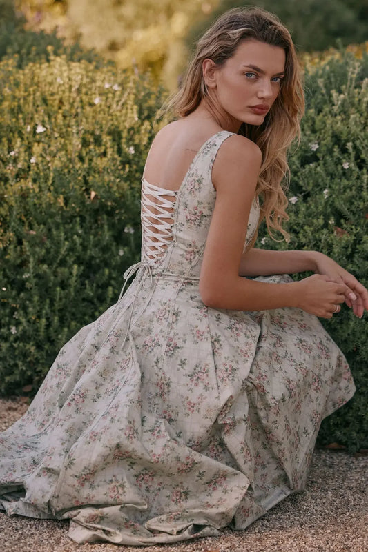 Oligai Summer Elegant Midi Dress 2025 New Arrivals Lace Up Floral Print Dress Women Sexy Corset Dress for Holiday Birthday